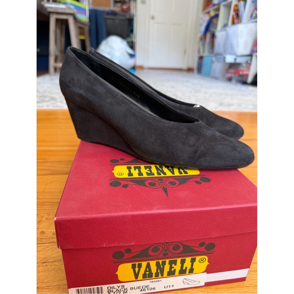 Vaneli Black Suede Wedge Pumps